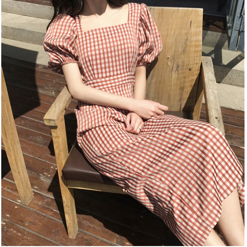 Váy xinh🎀HÀNG SẴN🎀Váy kẻ caro tay bồng dáng dài phong cách Vintage