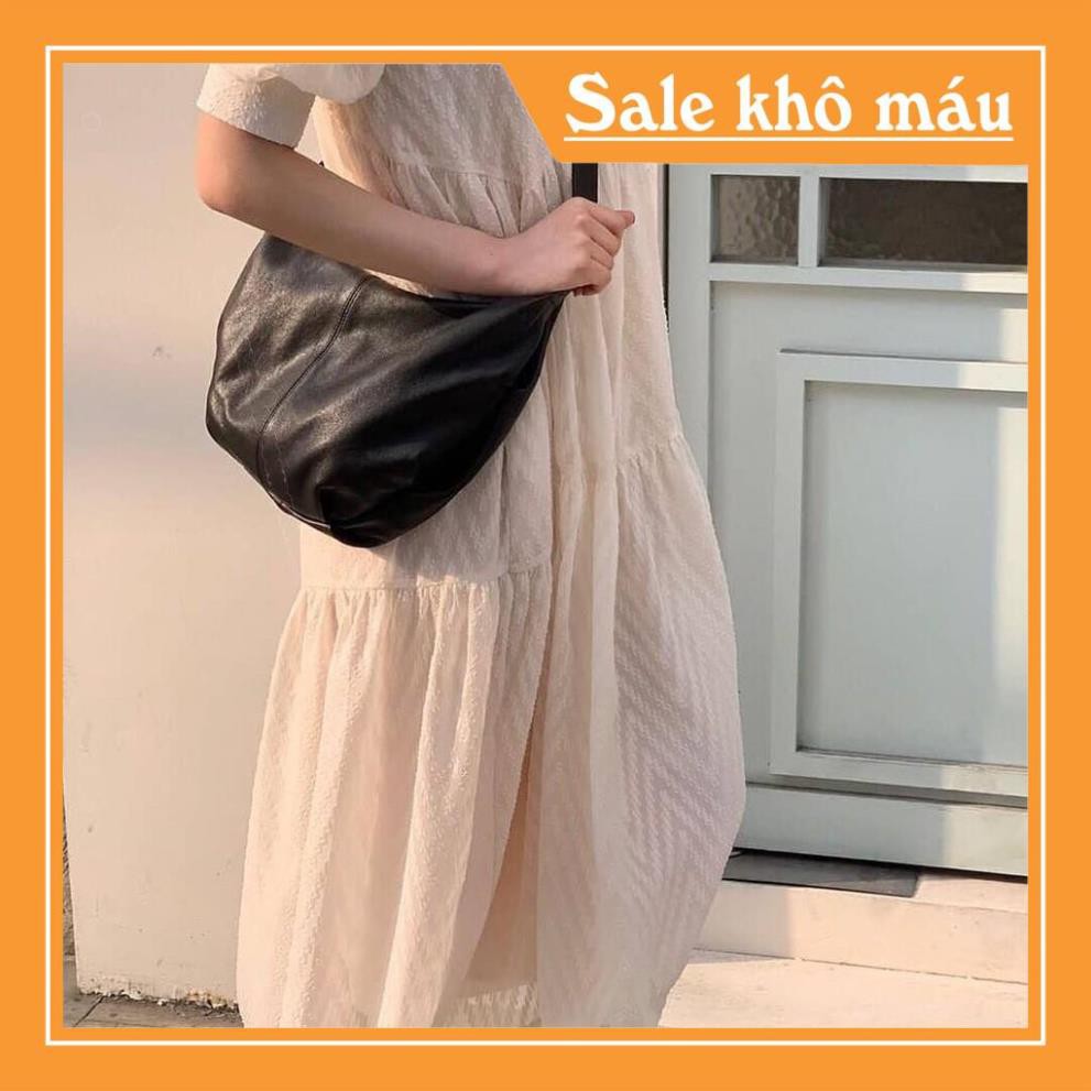 Sale khổ máu Váy tay phồng dáng xuông, dài cổ tròn phong cách Hàn Quốc