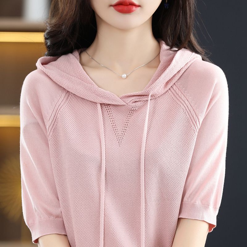 Áo Hoodie Tay Ngắn Dáng Rộng Màu Sắc Đơn Giản Thời Trang Cho Nữ