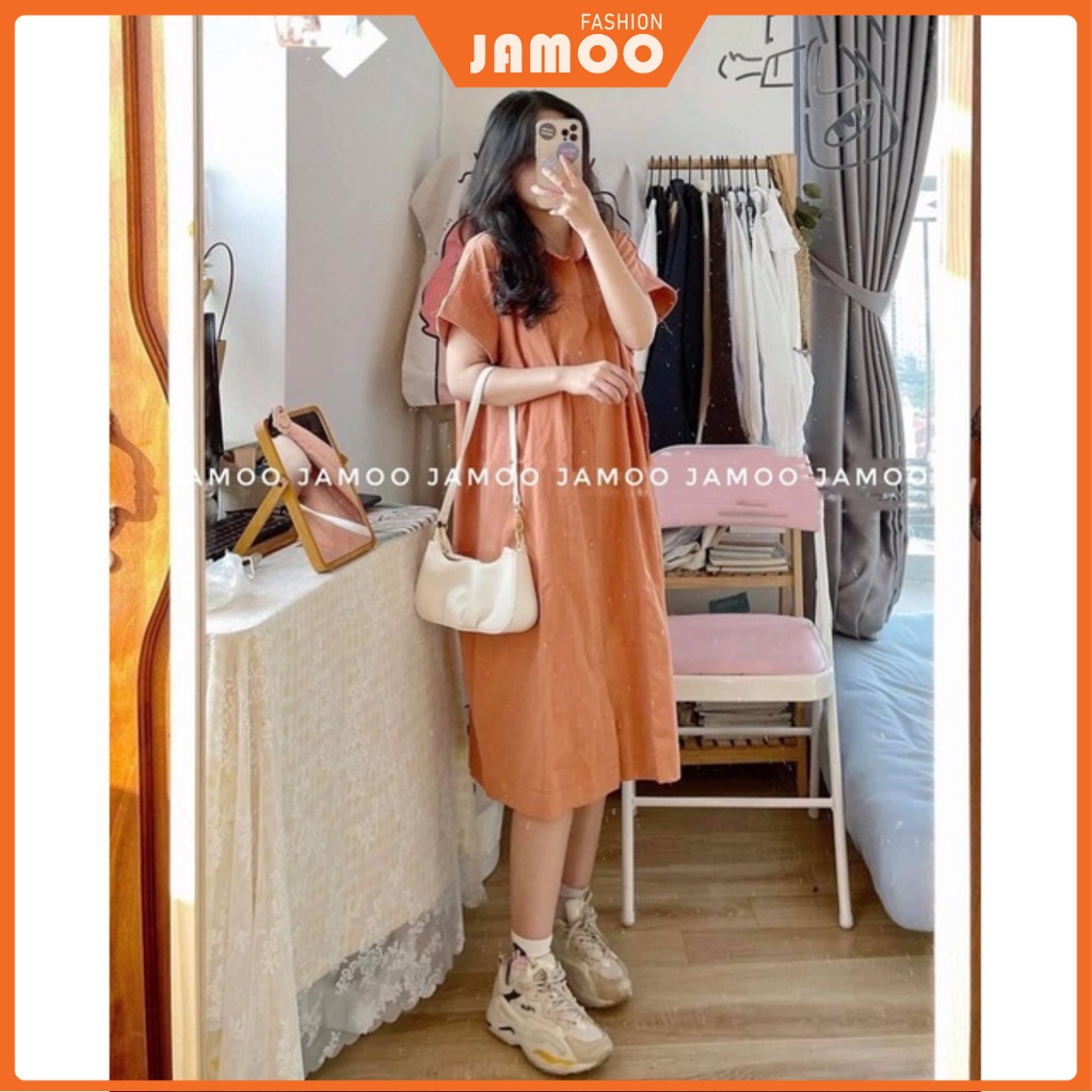 Váy sơ mi xắn tay Ulzzang- Đầm nữ suông oversize Jamoo