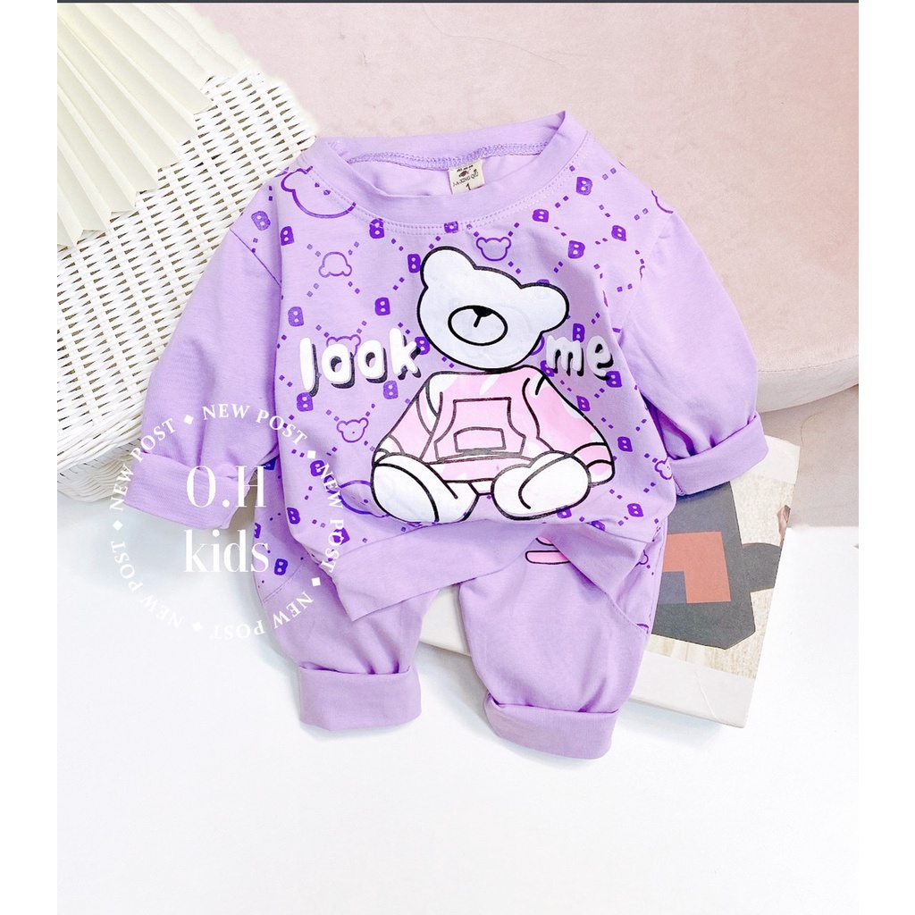 Bộ dài tay cho bé cotton thu đông, co dãn 4 chiều cho bé gái hình Gấu K034