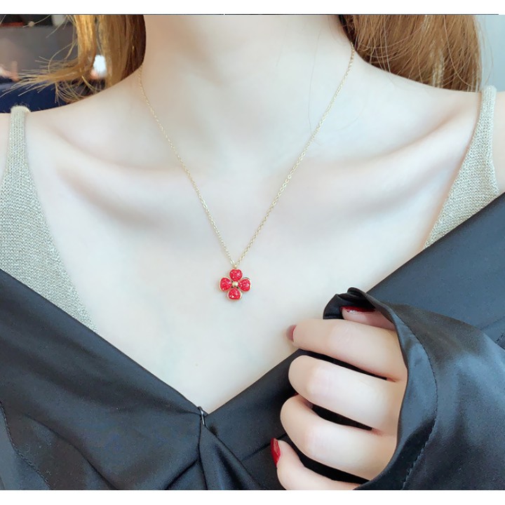 DÂY CHUYỀN TITAN VÀNG 24K CỎ 4 LÁ MÀU ĐỎ TN164 siêu đẹp ,bền màu, sang trọng, đẳng cấp