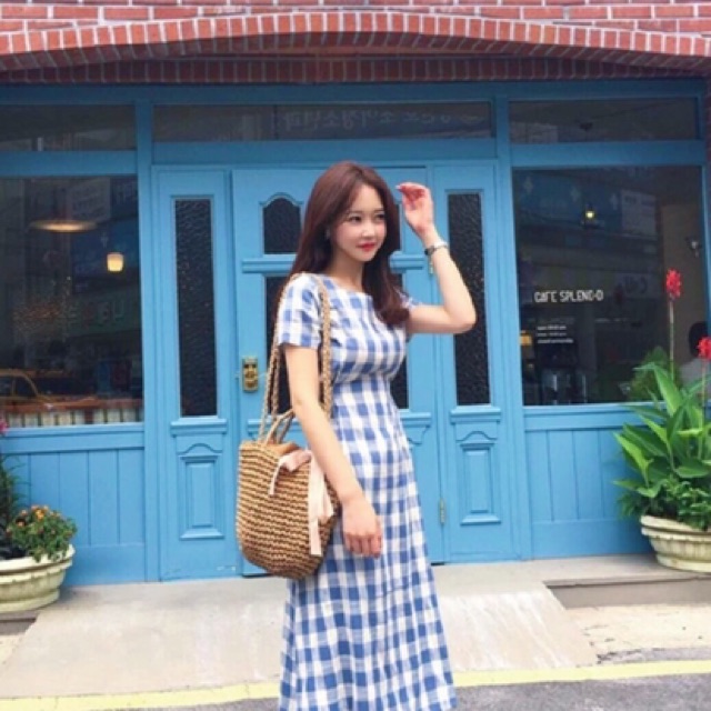 Đầm caro xanh form dài