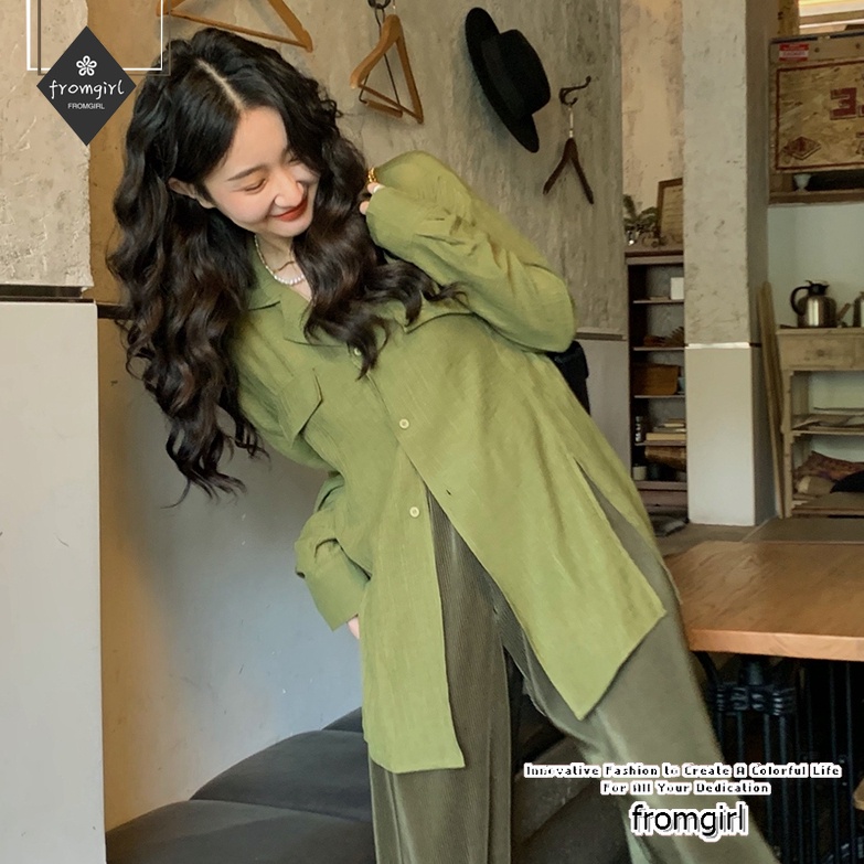 Áo Sơ Mi Tay Dài Thiết Kế Xẻ Tà Thời Trang Cho Nữ