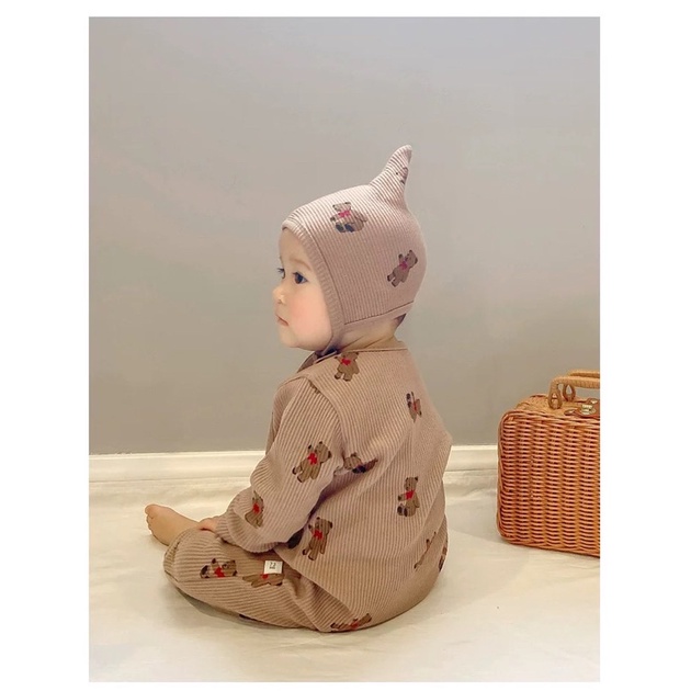 Bodysuit Dài Tay Kèm Mũ Cotton Sơ Sinh Quảng Châu Cao Cấp Cho Bé 0-12 Tháng Tuổi. Style Gấu Hàn Quốc Cực Đẹp Mẫu Mới