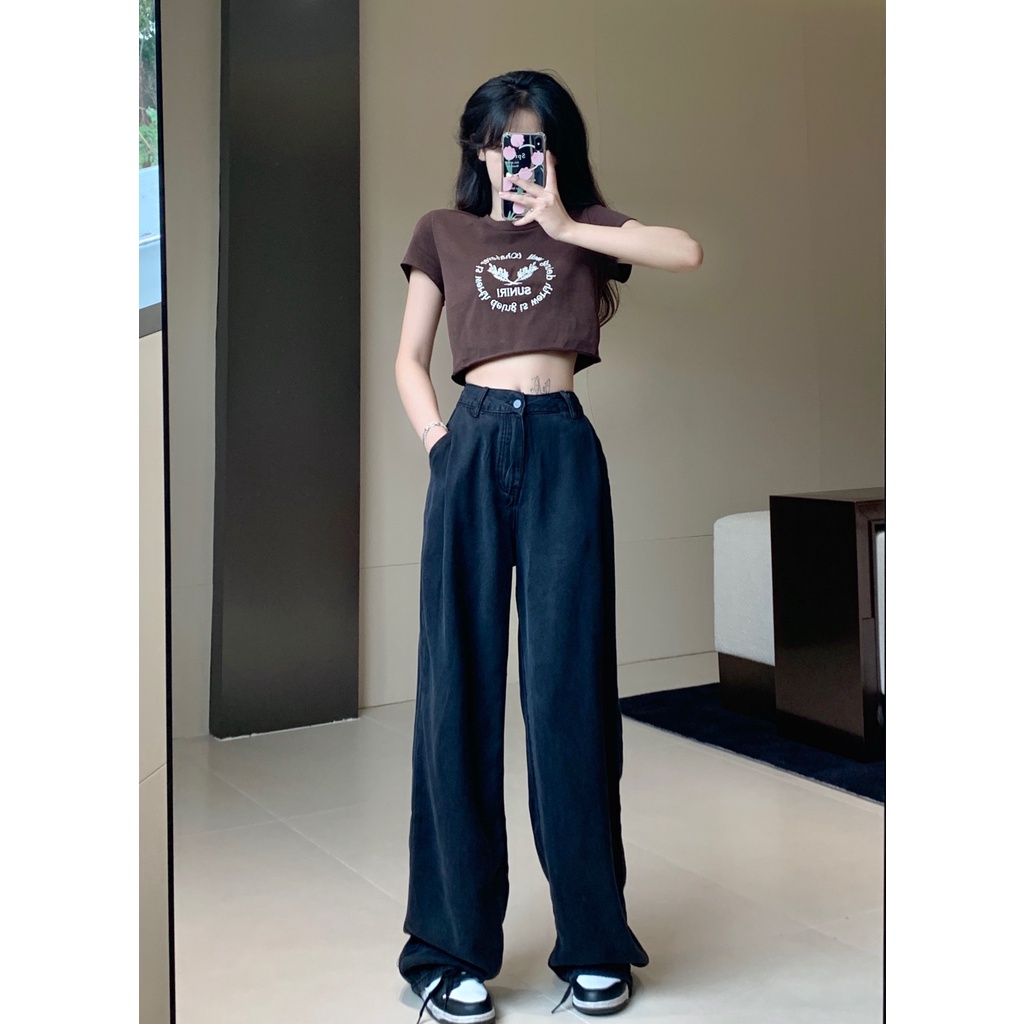Quần denim Ống Rộng Lưng Cao Màu Trơn Thời Trang Mùa Hè Hàn Quốc Cho Nữ