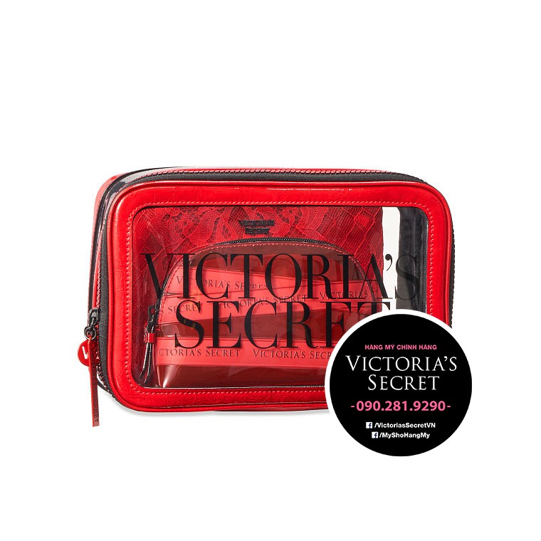 (247) Bộ 3 túi mỹ phẩm đỏ cá tính, sành điệu, phối ren - Hàng nhập Victoria's Secret USA