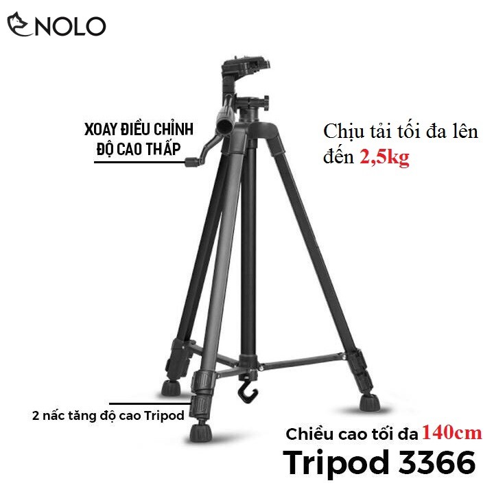 Tripod 3 Chân Dùng Cho Điện Thoại, Máy Ảnh, Máy Quay Model 3366 Chất Liệu Khung Hợp Kim Chịu Tải 2.5kg