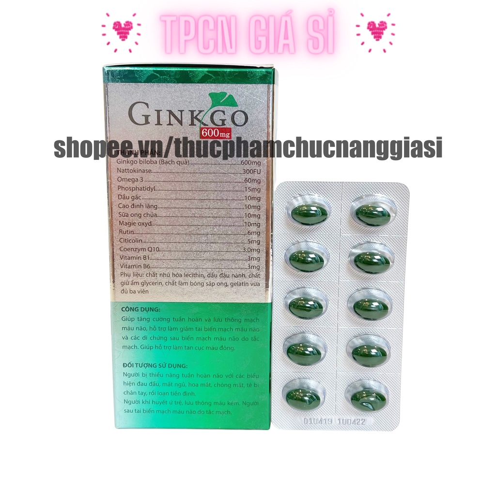 Viên uống bổ não GINKGO 600 giúp tăng cường trí nhớ, tăng tuần hoàn máu não, ngừa tai biến – HỘP 100 viên (Xanh)