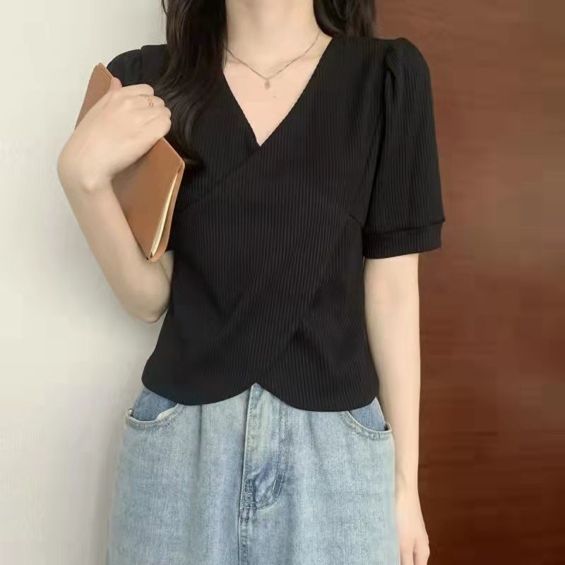 Áo Thun Ngắn Tay Cổ Chữ V Vạt Chéo Ôm Dáng Eo Cao Thời Trang Dành Cho Nữ Plus Size