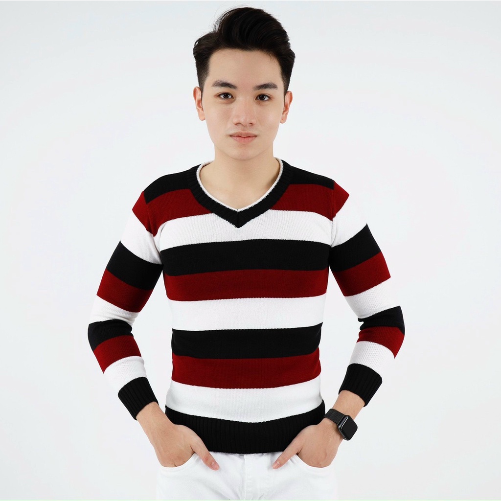 Áo len nam cổ tim sọc ngang màu đỏ đen trắng đơn giản, chất len cotton mềm mịn không xù thời trang Hpfashion - TCSALN03