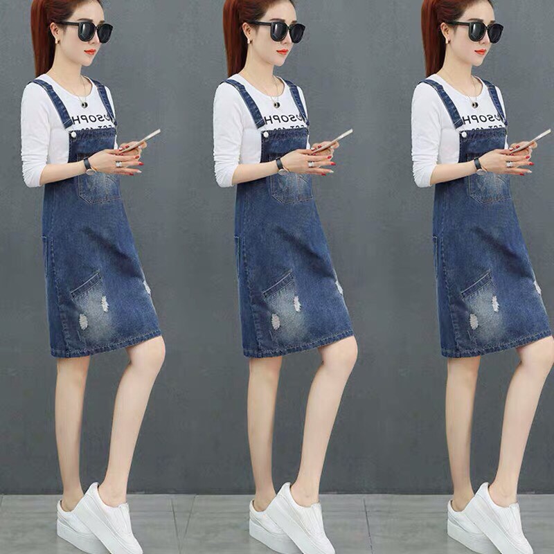 Yếm jean 2 dây phối túi DTFashion váy ngắn freesize