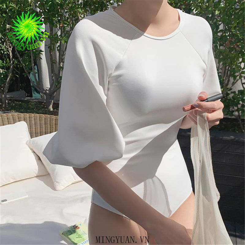 (Mingyuan) Mới Đồ Bơi Một Mảnh Tay Lửng Hở Lưng Phong Cách retro Đơn Giản Cho Nữ