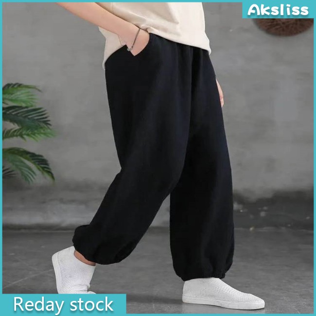 aksdiss Cotton  Linen  Women  Pants  Summer Retro Jogger Pants Loose Solid Color Casual Ninth Pants