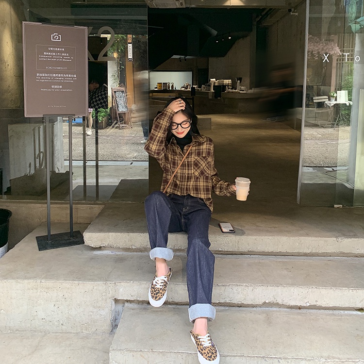 SUXI Áo Sơ Mi Caro Dài Tay Phong Cách Vintage Cho Nữ