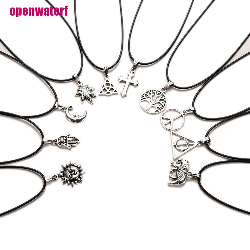 【openf】Leather Cord Choker Charm Necklace Pendant Retro Boho Tibetan Silver 90s 80s Hot