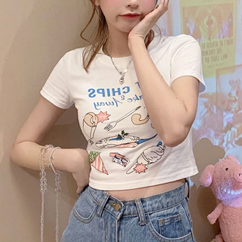 Áo Thun Croptop Tay Ngắn Cổ Tròn In Họa Tiết Hoạt Hình Và Chữ Thời Trang Mùa Hè Cho Nữ