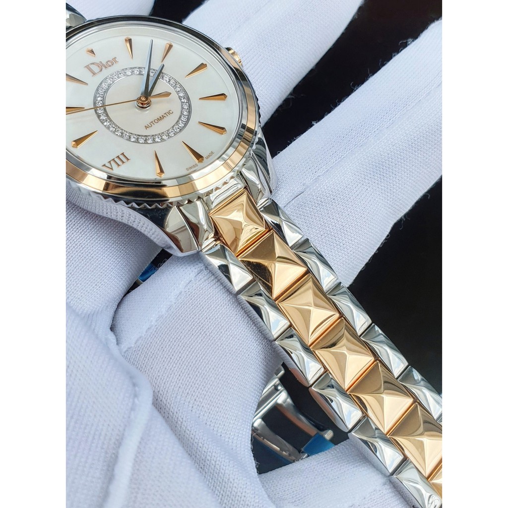 Đồng hồ nữ chính hãng Dior - Máy cơ tự động - Kính Sapphire nguyên khối - Vỏ dây demi vàng 18k
