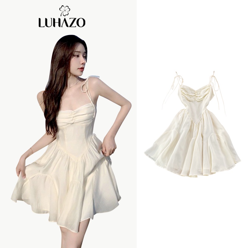 Váy trắng 2 dây LUHAZO đi biển nữ đẹp trễ vai  dài rộng bigsize Hàn Quốc vintage babydoll hở lưng 1120 Dk2t303