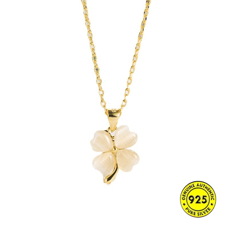 Vòng cổ Bạc 925 Mặt Cỏ Ba Lá Đính Đá Opal Sang Trọng Đơn Giản Cho Nữ