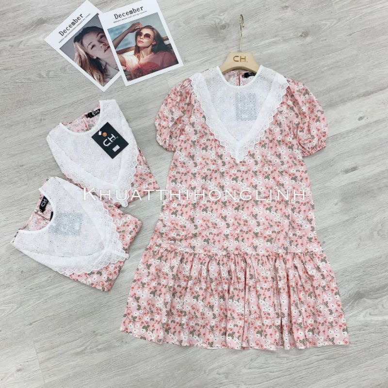 Váy babydoll hoa nhí cổ pha ren