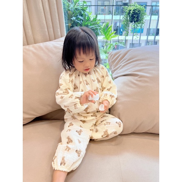 Bộ quần áo dài tay thu đông cho bé trai bé gái, bộ quần áo trẻ em mặc nhà vải xô muslin cho bé từ 5-15kg TNB