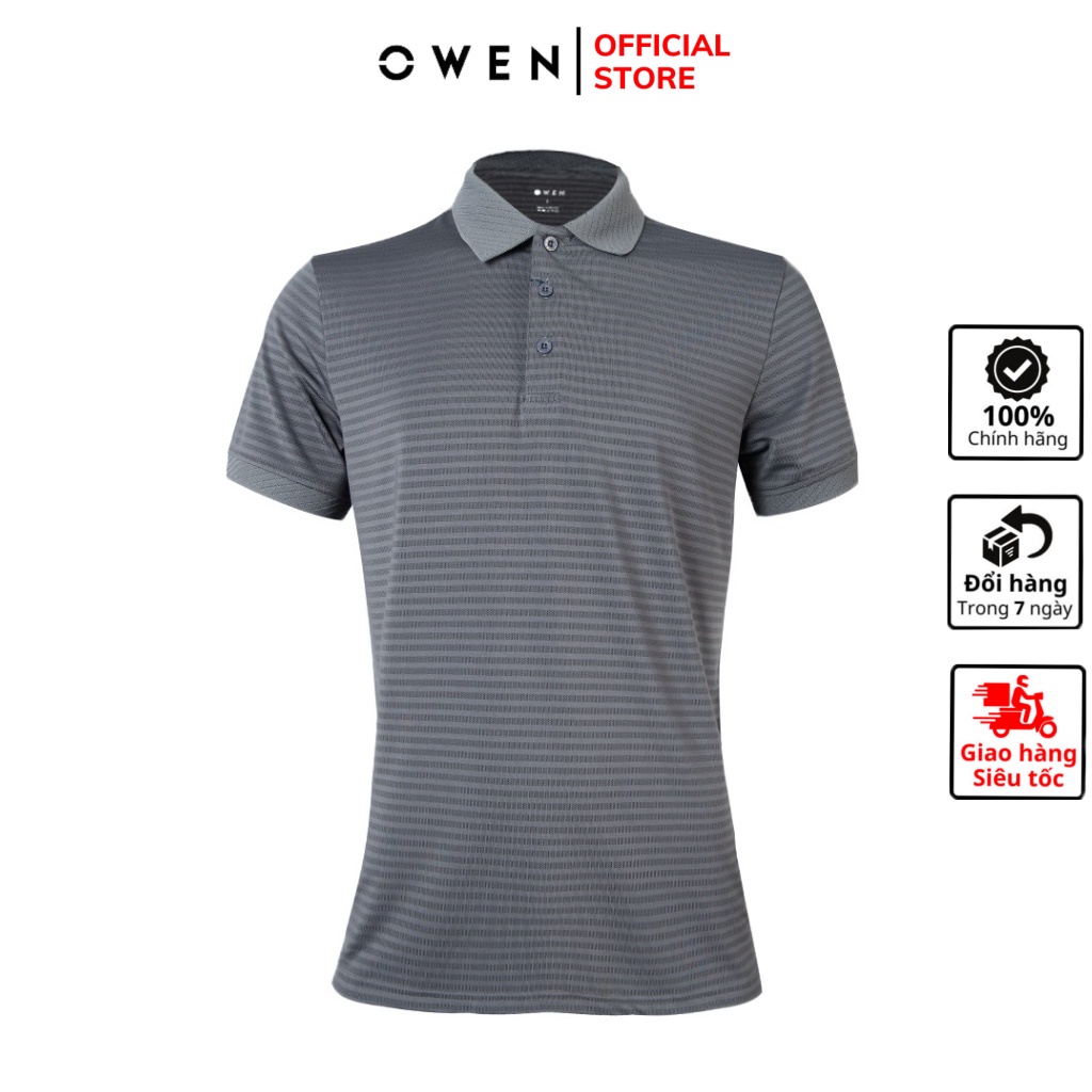 Áo thun nam có cổ bẻ polo OWEN APV220364 phông ngắn tay cao cấp dáng body fit màu ghi đậm kẻ chìm vải polyester thể thao