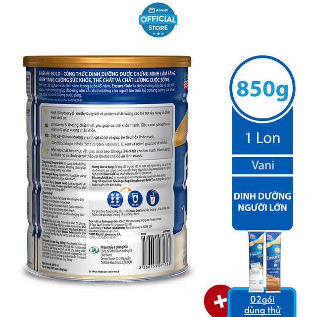 [Tặng 2 gói dùng thử bất kì] Sữa bột Ensure Vani (HMB) 850g