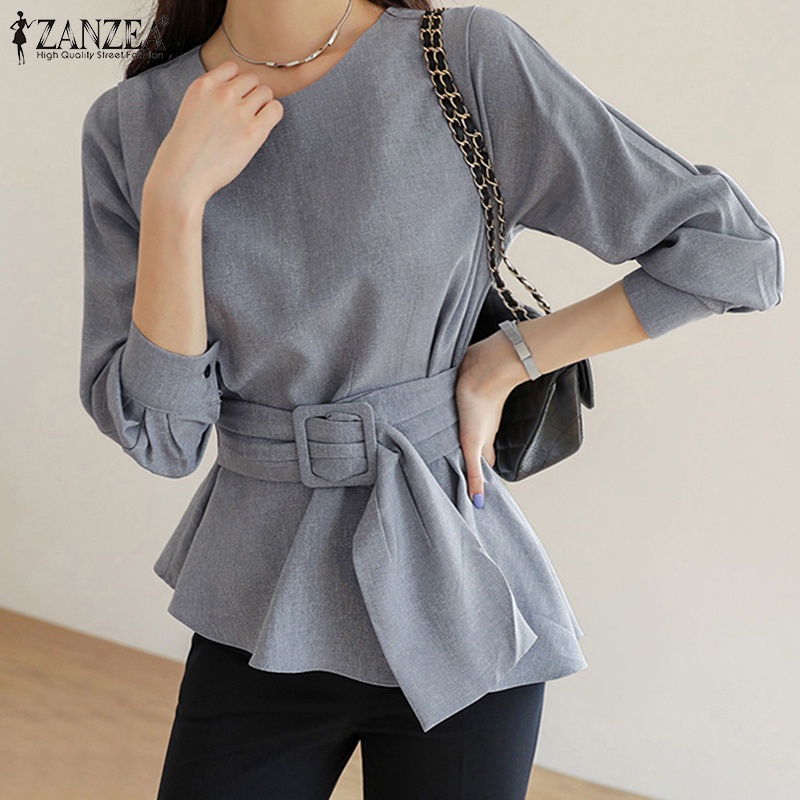 ZANZEA Áo Kiểu Hàn Quốc Tay Dài Cổ Tròn Buộc Eo Thời Trang Cho Nữ