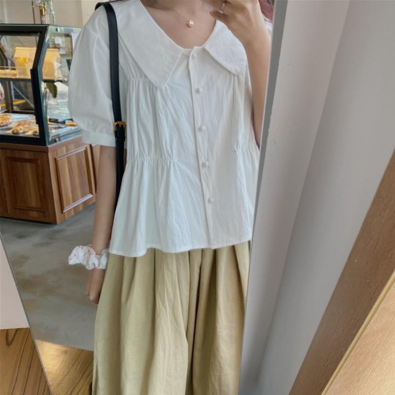 Áo kiểu hàn quốc A.202, áo kiểu cổ bèo cộc tay hai đường bo chun ngang ngực cùng hàng xếp ly dúm nhỏ dọc thân | BigBuy360 - bigbuy360.vn