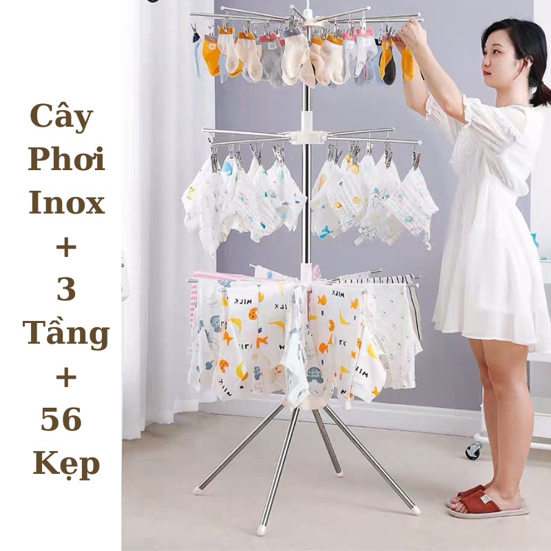 Cây Phơi Quần Áo Cho Bé, Cây Phơi Đồ Sơ Sinh, Cây Phơi Đồ Đa Năng Inox 3 Tầng 56 Kẹp Móc