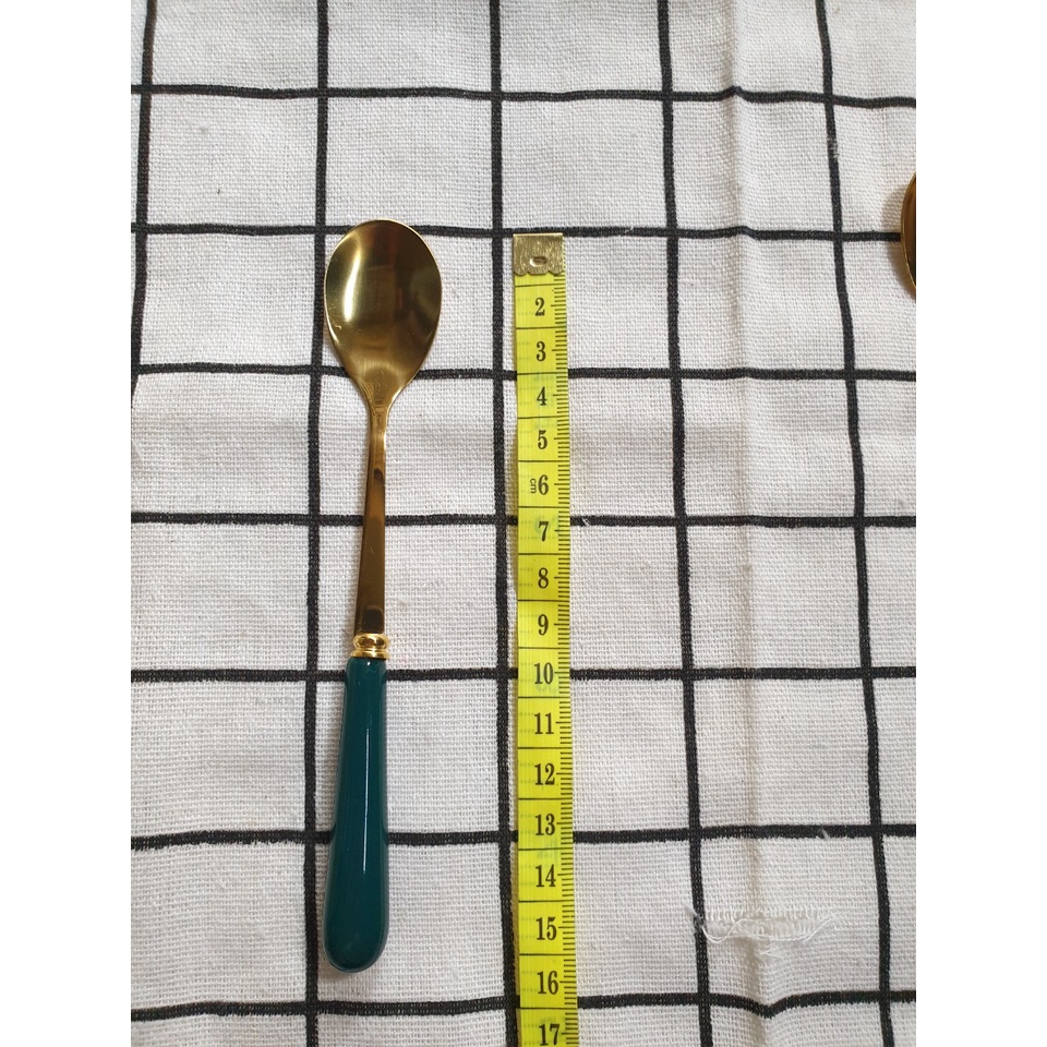 Bộ 4c Thìa Cafe Inox Mạ Vàng, Cán Sứ Kiểu Cách Châu Âu KT: 15x2.5cm (ảnh thật)