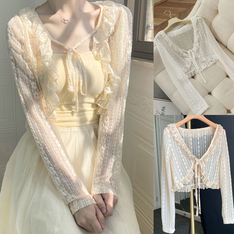 Áo Khoác Cardigan Ren Hoa Tay Dài Cổ Chữ V Chống Nắng Dành Cho Nữ Tri