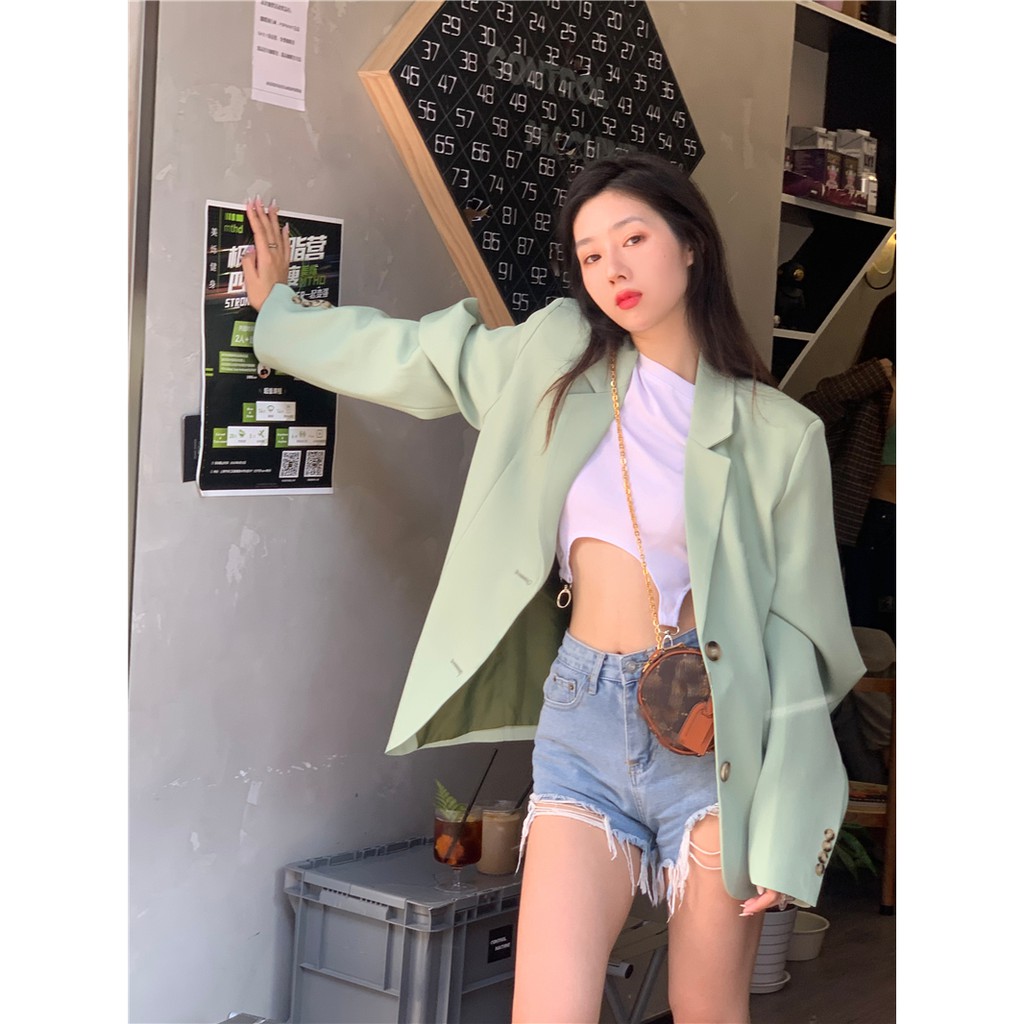 Áo khoác blazer dáng dài rộng màu xanh lá thời trang sành điệu