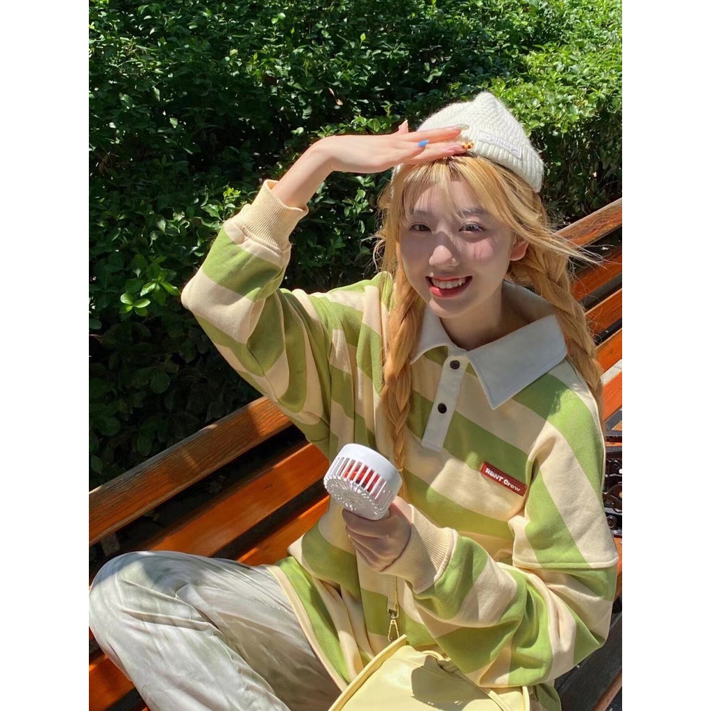 Áo Thun POLO Tay Dài Dáng Rộng Họa Tiết Kẻ Sọc Thời Trang Mùa Thu Phong Cách Retro Mới Cho Nữ