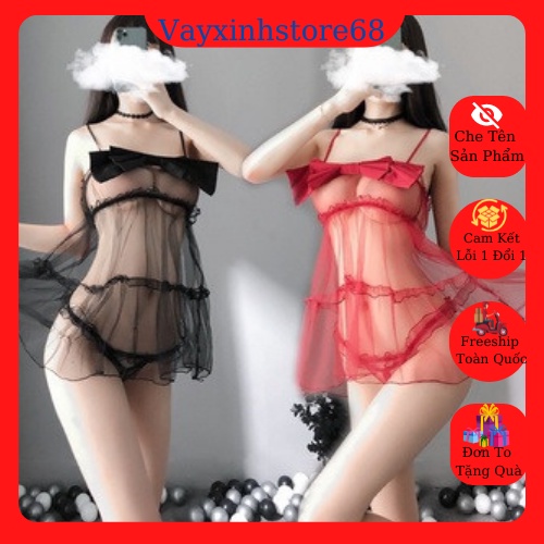 Váy/Đầm ngủ ren xuyên thấu đính nơ trước siêu Đẹp 5328 💖💖