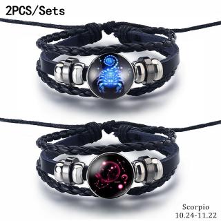  Set 2 vòng tay hình 12 cung hoàng đạo bằng da mặt thép không gỉ thời trang cho nữ