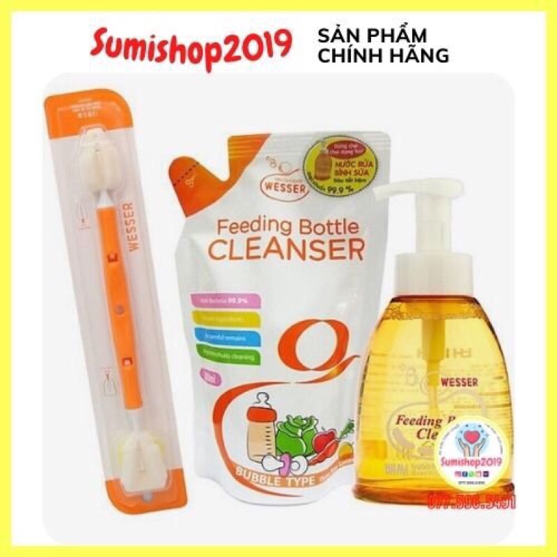 (Made in Korea) Nước Rửa Bình Sữa Kháng Khuẩn 500ML + Dụng cụ vệ sinh cọ rửa bình sữa đa năng Wesser (Made in Vietnam)