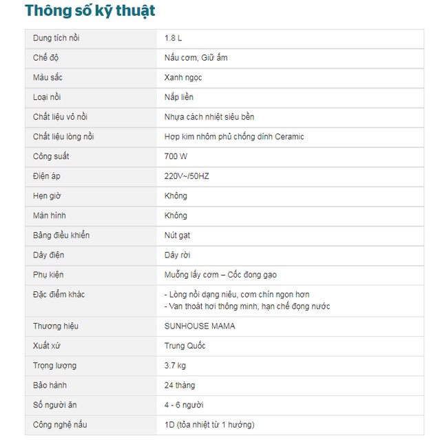 Nồi cơm điện 1,8l Sunhouse mama SHD8665B công suất 900W bảo hành 24 tháng