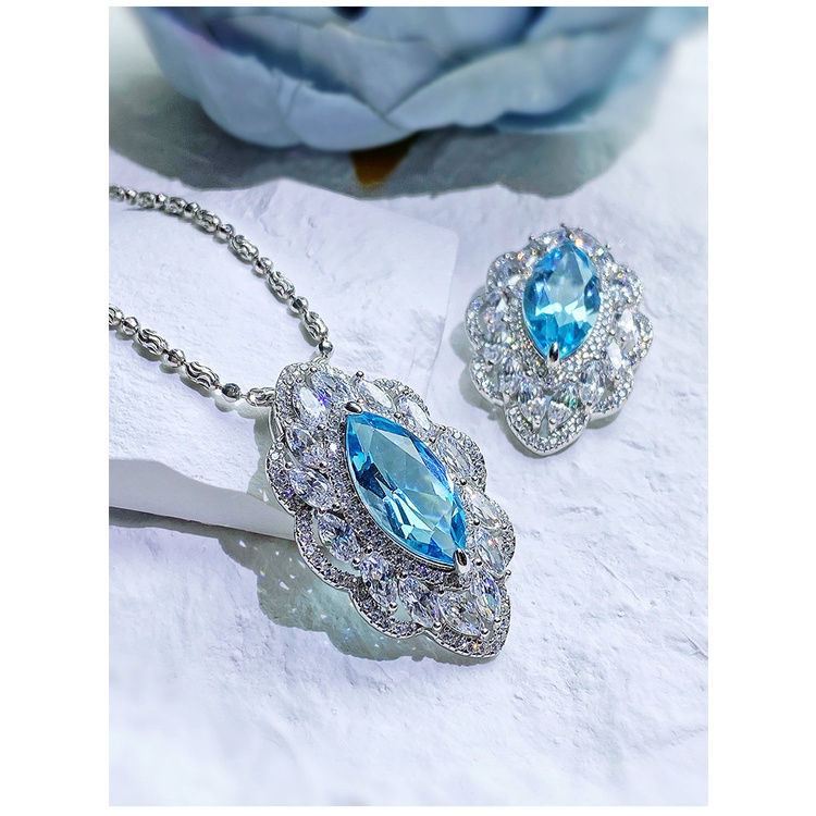 Dây chuyền Sapphire Topaz carbon kim cương cao màu xanh navy hình mắt ngựa cao cấp