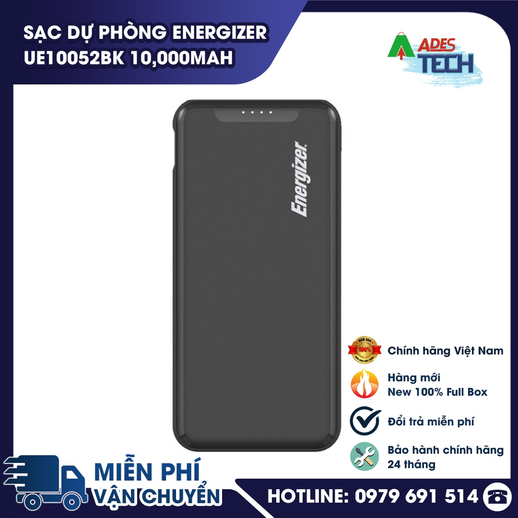 Sạc dự phòng Energizer UE10052BK 10,000mAh - Thiết Kế Sang Trọng Gọn Nhẹ - Tích Hợp 2 Cổng Outputs