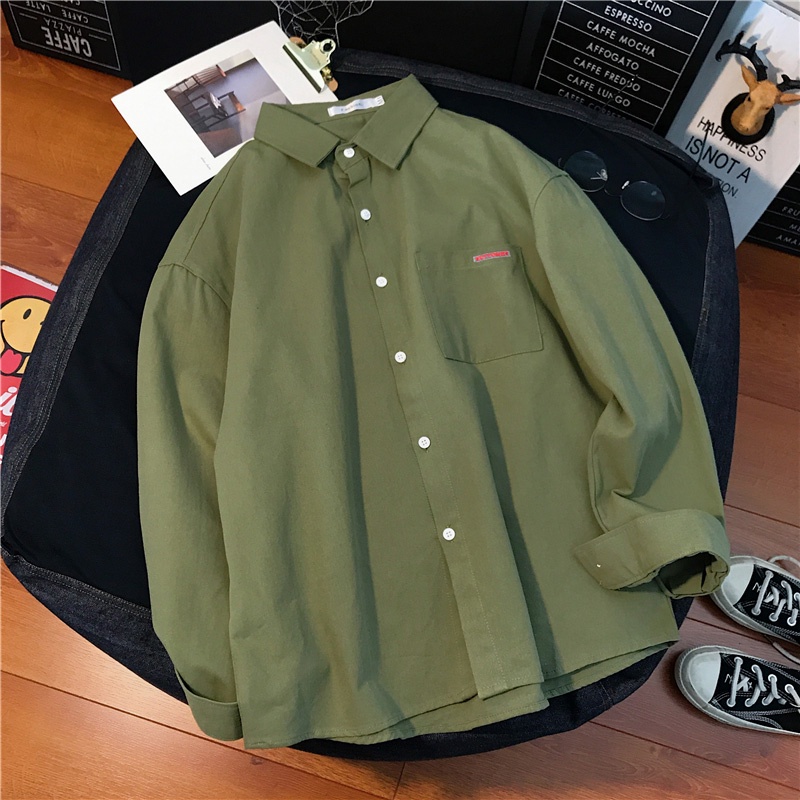 Áo Sơ Mi Tay Dài Dáng Rộng Màu Sắc Trơn Thời Trang Mùa Thu Phong Cách Hàn Quốc Cho Nam Giới