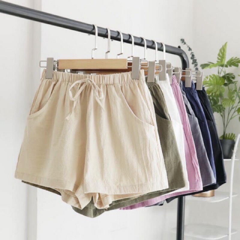 Quần shorts nữ đẹp ống rộng cạp chun chất đũi