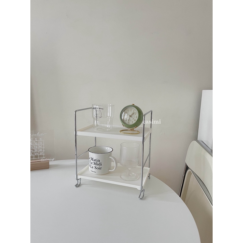 Kệ nhựa trắng 2 tầng viền inox để bàn đựng đồ đa năng, đựng mỹ phẩm trang điểm tiện dụng Casimi Decor