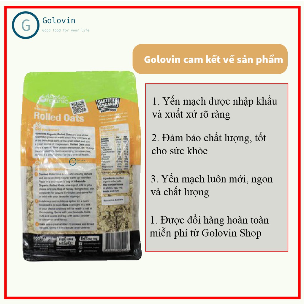 Yến mạch nguyên hạt ăn liền Absolute Organic hiệu Rolled Oats nhập khẩu Úc túi 700gr giúp giảm cân, cho bé ăn dặm