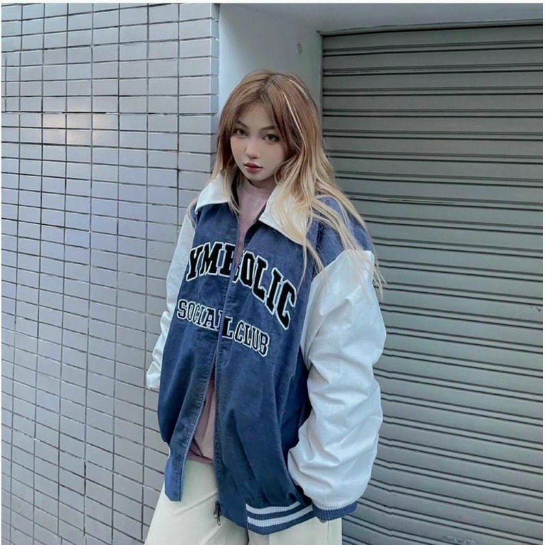 Áo khoác nhung tăm nam nữ  cổ sơ Mi 2 Lớp thêu chữ, áo bomber jacket form rộng mẫu dễ thương