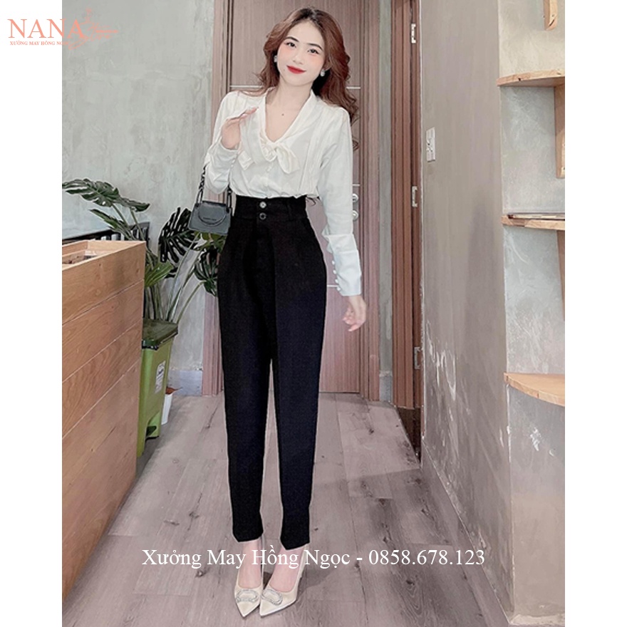 Quần baggy cạp cao bản to rộng 2 nút màu Đen dáng quần tây nữ công sở đi học lưng cao vải mềm dày co giãn nhẹ