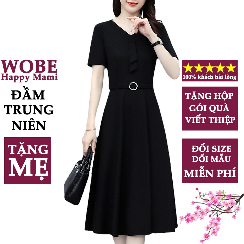 Đầm trung niên sang trong ngắn tay cho mẹ cao cấp co giãn bigsize dự tiệc thiết kế dáng suông đẹp T05 - WOBE Happy Mami