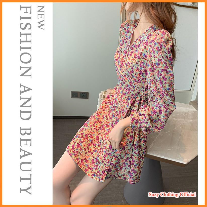 Đầm Dự Tiệc Chất Voan Hoa Nhí Thắt Eo Chéo Tay Phồng Ulzzang | BigBuy360 - bigbuy360.vn