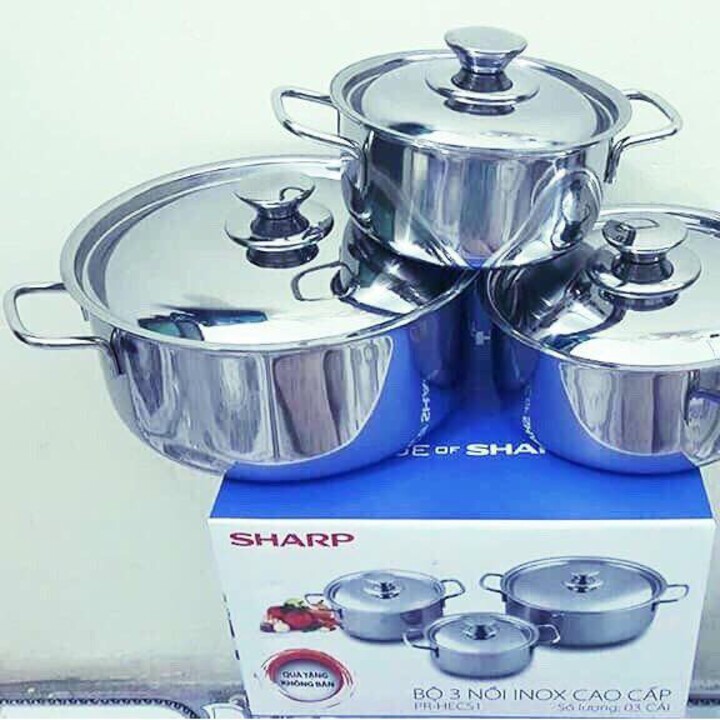 Bộ 3 Nồi Inox Sharp Cao Cấp Đáy Từ H&E Dùng Được Cho Bếp Từ, Inox Sang Trọng, Vệ Sinh Đơn Giản